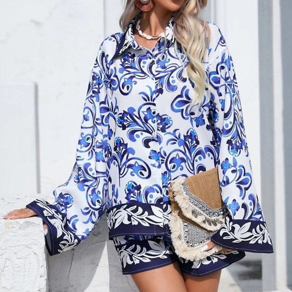 . Tops - Blue Preppy Womens Floral Print Drop Shoulder Shirt & Shorts